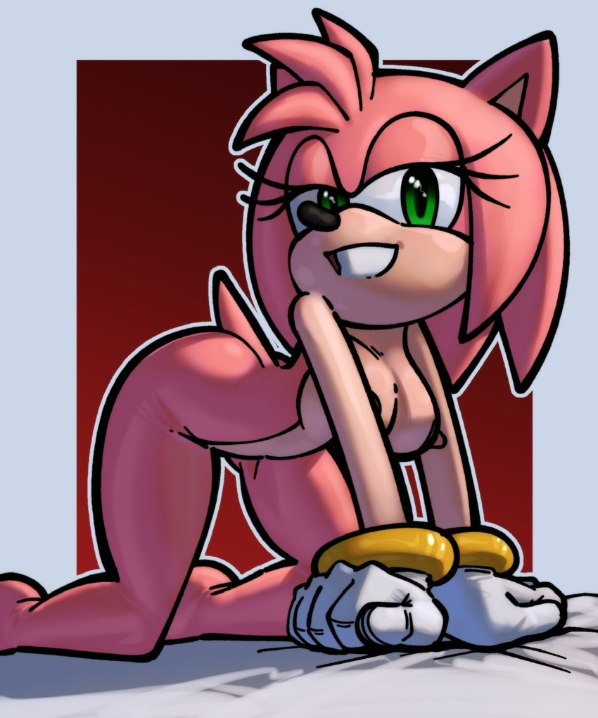 all_fours anthro breasts clothing female gloves green_eyes half-closed_eyes handwear looking_at_viewer mostly_nude narrowed_eyes nipples nude pink_body pink_skin smile solo tighesammy sega sonic_the_hedgehog_(series) amy_rose eulipotyphlan hedgehog mammal hi_res