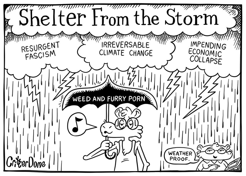 ambiguous_gender anthro clothing duo eyewear glasses musical_note musical_symbol parody pen political_cartoon politics raining shirt speech_bubble style_emulation symbol tank_top text topwear umbrella whistling critterdome the_onion mammal unknown_species artist_name digital_media_(artwork) english_text monochrome