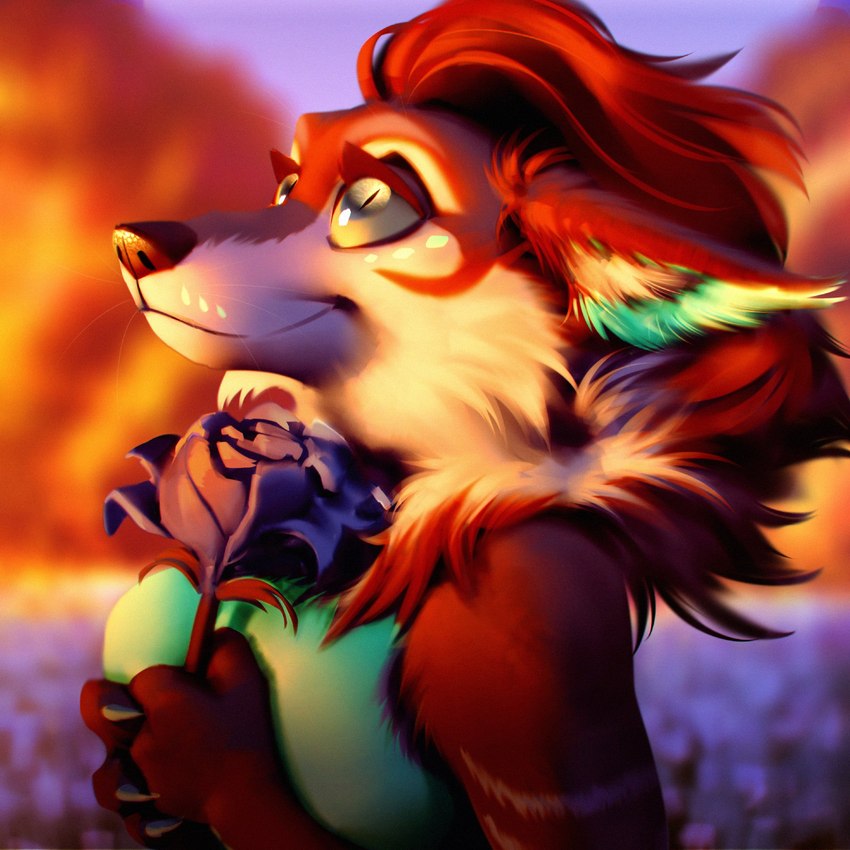 anthro black_nose blurred_background breasts clothed clothing day detailed_background female fur hair outside red_body red_fur red_hair sky smile solo wayn_animation canid canine canis domestic_dog mammal 1:1 2021 adobe_photoshop_(artwork) digital_media_(artwork) hi_res