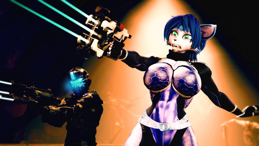 anthro armor big_breasts blue_body blue_fur blue_hair bodysuit breasts clothing detailed_background duo female fingers fur gun hair male multicolored_body multicolored_fur open_mouth ranged_weapon sharp_teeth short_hair skinsuit teal_eyes teeth tight_clothing tongue two_tone_body two_tone_fur weapon white_body white_fur themanwithaquest warfaremachine_(modeler) dead_space electronic_arts nintendo star_fox visceral_games isaac_clarke krystal_(star_fox) warfare_krystal canid canine fox human mammal 16:9 2022 3d_(artwork) 4k absurd_res digital_media_(artwork) hi_res source_filmmaker_(artwork) widescreen