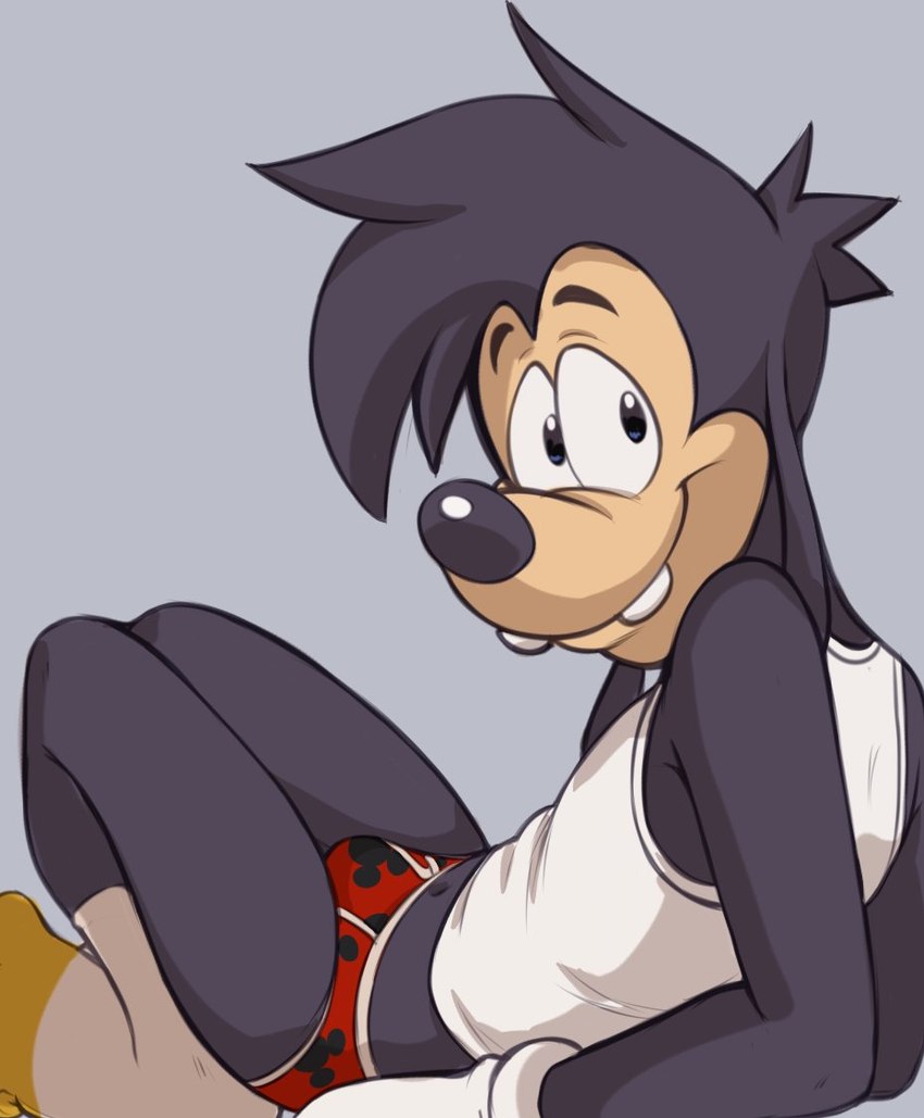 adolescent anthro black_body black_fur black_nose briefs bulge clothing footwear fur gloves grey_background handwear looking_at_viewer male mickey_mouse_symbol navel shirt simple_background simple_eyes smile smiling_at_viewer socks solo tank_top topwear underwear young dandi disney goof_troop max_goof canid canine canis domestic_dog mammal