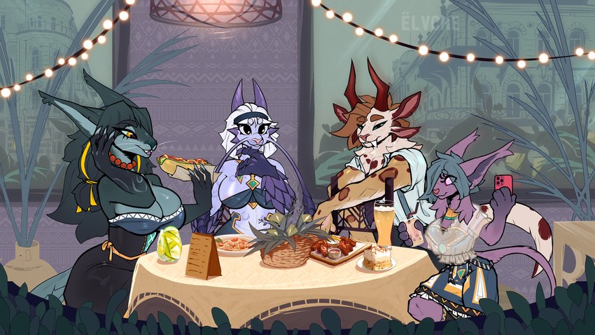 anthro anthrofied clothed clothing female food looking_at_viewer conditional_dnp elvche guild_wars nintendo pokemon aedina alexandra_(elvche) gesalzene mafra charr coeurl eeveelution espeon felid generation_2_pokemon kavat mammal pokemon_(species) 2023 digital_media_(artwork)