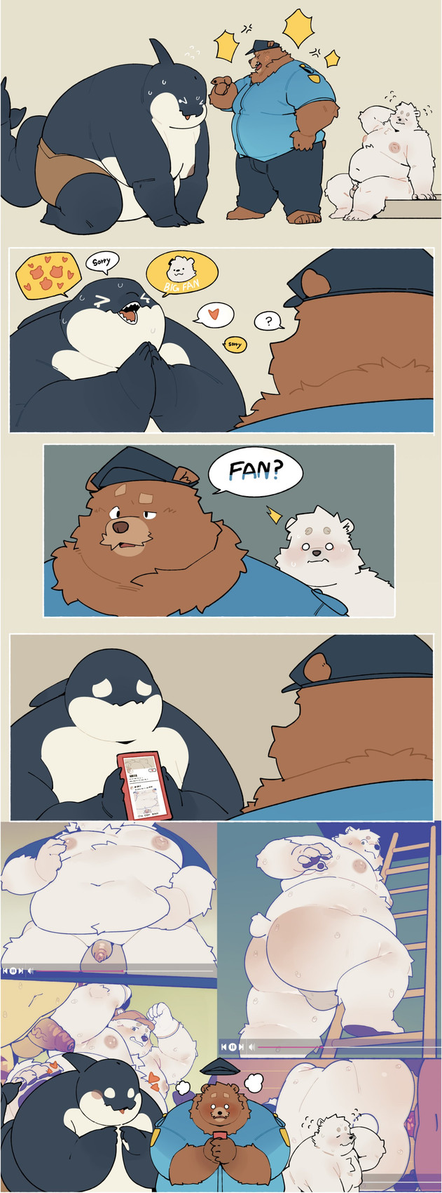 anal anal_penetration angry anthro anthro_on_anthro anthro_penetrated anthro_penetrating anthro_penetrating_anthro apology asking balls barefoot belly big_belly big_butt big_moobs black_body black_eyes black_pawpads black_skin blue_clothing blue_shirt blue_topwear bottomwear brown_body brown_bottomwear brown_clothing brown_fur brown_pants butt cellphone chest_tuft clothed clothing confusion darkened_balls darkened_genitalia darkened_penis dialogue electronics emanata embarrassed feet fingers five_frame_image flaccid fluffy foreskin from_behind_position frown fur genitals glistening glistening_nipples grey_balls grey_bottomwear grey_clothing grey_pants grey_penis group hair hand_behind_head hand_on_belly hand_on_chest hand_on_moobs hat hat_only headgear headgear_only headwear headwear_only heart_symbol holding_belly holding_moob huge_butt iconography kneeling looking_back male male/male male_penetrated male_penetrating male_penetrating_male moobs mostly_nude multicolored_penis navel nipples nude obese obese_anthro obese_male on_ladder open_mouth overweight overweight_anthro overweight_male pants pawpads paws penetration penile penile_penetration penis penis_on_armpit phone pink_foreskin presenting presenting_belly presenting_hindquarters question question_mark scared scolding sex shirt shocked simple_background small_penis smartphone smile speech_bubble standing tan_nipples text thick_thighs topwear trio tuft two_tone_penis white_body white_fur white_skin worried quanjiang bear brown_bear cetacean dolphin mammal marine oceanic_dolphin orca polar_bear scalie toothed_whale ursine 2025 absurd_res colored comic digital_drawing_(artwork) digital_media_(artwork) english_text flat_colors hi_res pictographics