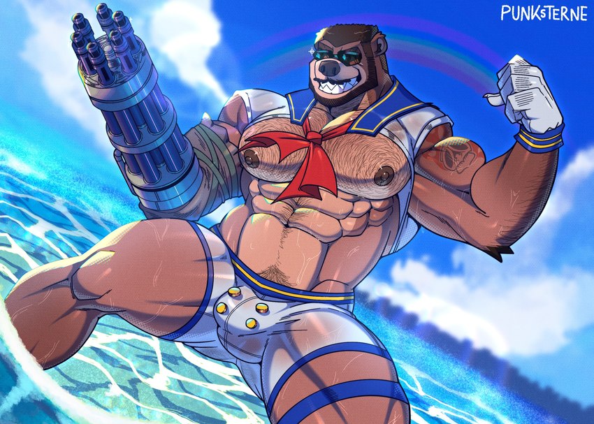 abs alternate_species anthro barazoku beach big_muscles big_pecs bikini body_hair brown_body brown_fur bulge chest_hair clothed clothing eyewear facial_hair flexing flexing_bicep fur furrification glasses grin gun_arm japanese_uniform male manly muscular muscular_anthro muscular_male mustache nipples partially_submerged pecs pubes ribbons school_uniform semi-transparent skimpy smile solo swimwear thick_thighs two-piece_swimsuit uniform wet wet_clothing vier_punksterne final_fantasy final_fantasy_vii square_enix barret_wallace bear mammal 2024 hi_res