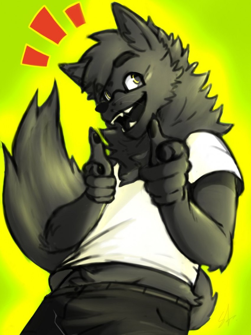 anthro black_body black_fur clothed clothing eyewear fingerguns fur glasses male simple_background solo yellow_eyes fanofthefurr anonym0use fan_character nova_(anonym0use) rowrow canid canine canis mammal wolf 2018 3:4 digital_drawing_(artwork) digital_media_(artwork) hi_res