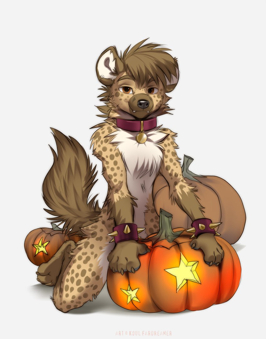 anthro bracelet brown_body brown_fur brown_hair collar food fruit fur hair jewelry male plant pumpkin smile solo spiked_bracelet spikes tail koul karhyena hyena mammal spotted_hyena 2021 digital_media_(artwork) hi_res