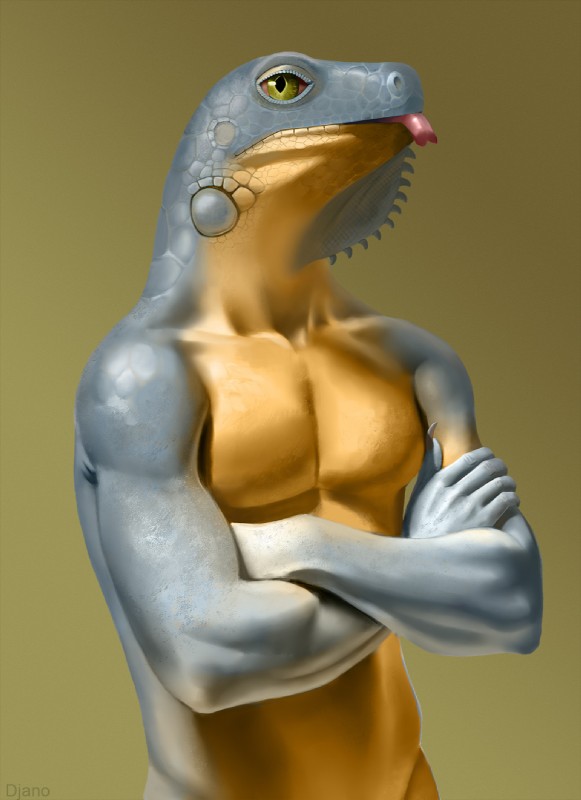 anthro blep claws crossed_arms dewlap_(anatomy) gular_flap looking_at_viewer male muscular muscular_anthro muscular_male nude scales simple_background solo sub-tympanic_shield tongue tongue_out djano iguana iguanid lizard reptile scalie 2020 digital_media_(artwork) hi_res