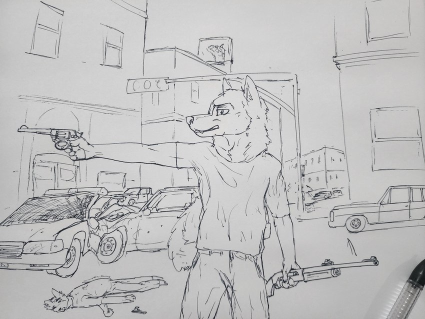 anthro car car_crash city crashing gun handgun holding_gun holding_object holding_ranged_weapon holding_shotgun holding_weapon lying male motor_vehicle on_front on_ground outside photographed_drawing police police_car police_vehicle ranged_weapon revolver shotgun solo streets traffic_light urban vehicle weapon wounded wolfyalex96 alaskan_malamute canid canine canis domestic_dog mammal nordic_sled_dog spitz 4:3 absurd_res hi_res line_art pen_(artwork) photography_(artwork) sketch traditional_media_(artwork)