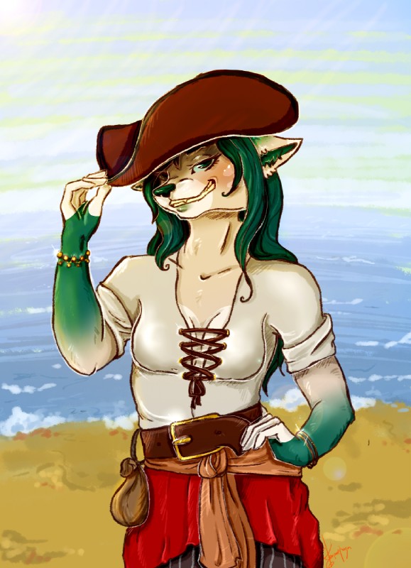 anthro breasts clothing female grin pirate sea smile solo water caatnip canid canine mammal hi_res