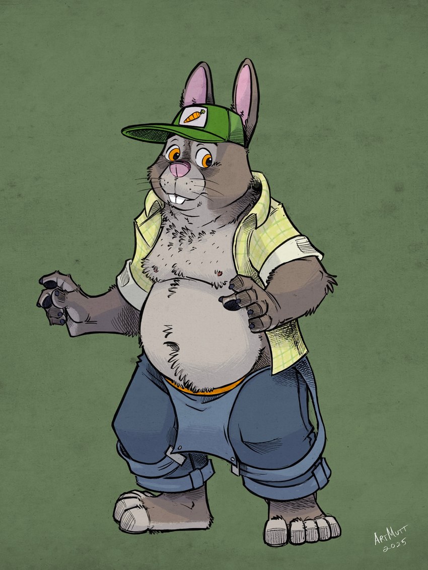 anthro belly clothed clothing hat headgear headwear male moobs navel nipples open_clothing open_shirt open_topwear overalls pink_nose shirt slightly_chubby solo topwear k-9 disney zootopia stu_hopps lagomorph leporid mammal rabbit 2025 3:4 hi_res