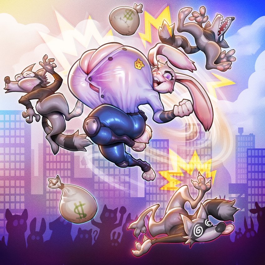 anthro attack badge big_breasts breasts bursting_breasts city city_background clothing female fur grey_body grey_fur group huge_breasts hyper hyper_breasts knee_pads male midair money_bag police police_uniform rabbit_ears robber short_stack top_heavy unconscious uniform x_eyes gerrkk disney zootopia judy_hopps european_rabbit lagomorph leporid mammal oryctolagus procyonid rabbit raccoon 1:1 2024 hi_res