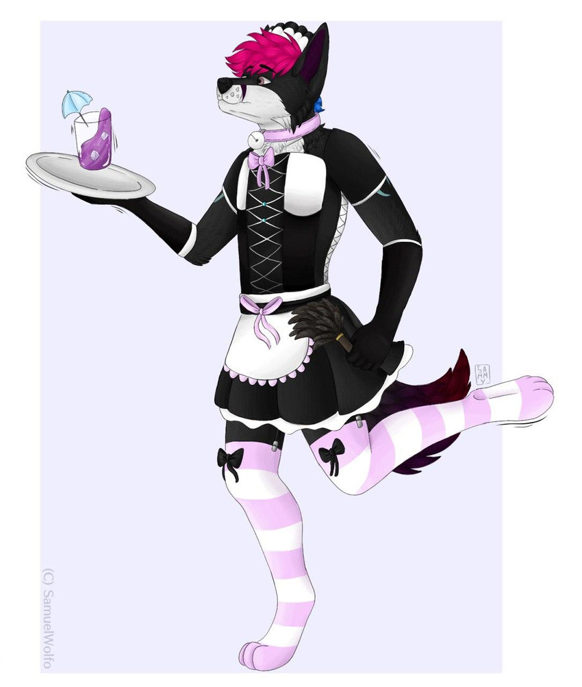 anthro armsocks armwear bell bell_collar beverage bottomwear bow_tie cleaning clothed clothing clothing_lift collar copyright_symbol corset crossdressing dress dress_lift femboy footwear lingerie maid_hat maid_uniform male paws piercing pink_collar skirt slave socks solo symbol topwear uniform samuelwolfo canid canine canis domestic_dog fox mammal wolf hi_res