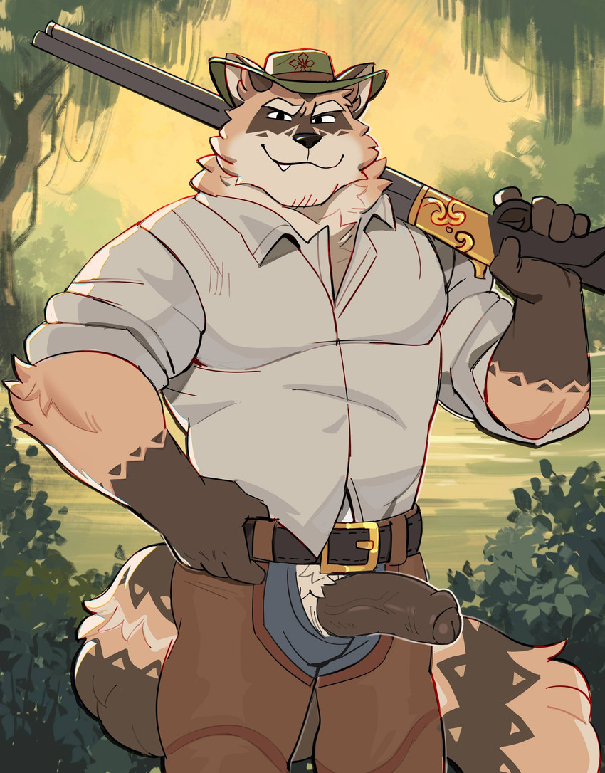 anthro aroused aroused_face aroused_male aroused_smile barazoku bedroom_eyes belt biceps big_muscles big_pecs big_penis black_belt black_clothing blue_bottomwear blue_clothing blue_jeans blue_pants bottomwear brown_body brown_chaps brown_clothing brown_fur chaps clothed clothing cowboy cowboy_hat cowboy_outfit denim denim_bottomwear denim_clothing erection flirting flirting_look flirting_with_viewer forest forest_background fur genitals grass green_clothing green_hat green_headwear grin grinning_at_viewer gun gun_on_shoulder hat headgear headwear holding_gun holding_object holding_ranged_weapon holding_rifle holding_shotgun holding_weapon inviting inviting_to_sex inviting_viewer jeans looking_at_viewer male manly muscular muscular_anthro muscular_arms muscular_male muscular_thighs narrowed_eyes nature nature_background offering_sex offering_to_viewer open_bottomwear open_clothing open_pants outside pants pecs penis penis_poking_out penis_through_fly plant pose presenting presenting_body presenting_penis ranged_weapon rifle rifle_on_shoulder seducing_viewer seductive shirt shotgun showing_off_muscles shrub smile smiling_at_viewer smirk smirking_at_viewer solo standing tail thick_arms thick_penis thick_thighs topwear tough_guy tree unzipped unzipped_clothing unzipped_pants vein veiny_penis weapon weapon_on_shoulder white_clothing white_shirt white_topwear zipper gol1ath mammal procyonid raccoon absurd_res hi_res