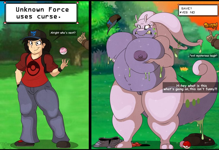 annoyed anthro before_and_after big_breasts black_hair bottomwear breast_growth breasts clenched_teeth clothed clothing denim denim_bottomwear denim_clothing dialogue duo female footwear gameplay_mechanics gender_transformation genitals growth gui hair hand_on_breast huge_breasts human_to_anthro jeans male mtf_transformation nipples nude outside overweight pants plant pussy screencap screencap_background shirt shoes slime smile solo_focus species_transformation standing tail teeth text topwear transformation tree weight_gain wide_hips theawesomefoxguy nintendo pokemon pokemon_go team_mystic generation_6_pokemon goodra human mammal pokemon_(species) 2019 absurd_res english_text hi_res