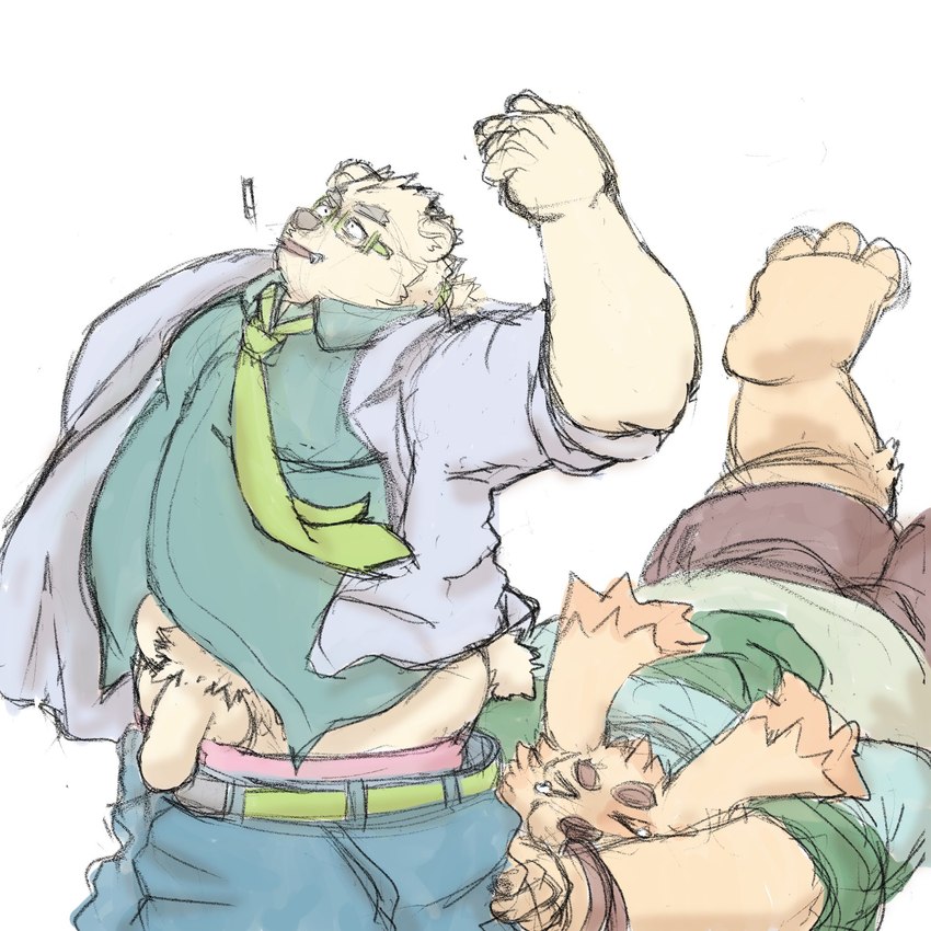 anthro balls bottomwear clothing duo eyes_closed genitals kemono male necktie overweight overweight_male pants penis shirt simple_background topwear nigauritaruto lifewonders tokyo_afterschool_summoners cu_sith_(tas) leib_(tas) bear canid canine canis domestic_dog mammal polar_bear ursine 1:1 2023 hi_res