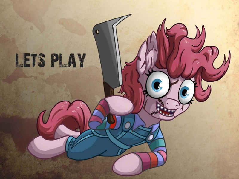 big_eyes cleaver_(knife) clothing cosplay cutlery female feral fur hair holding_object kitchen_knife kitchen_utensils knife looking_at_viewer messy_hair notched_ear open_mouth open_smile overalls pink_body pink_fur pink_hair scar sharp_teeth shirt simple_background smile solo teeth text tools toony topwear starbat child's_play friendship_is_magic hasbro my_little_pony chucky_(child's_play) pinkie_pie_(mlp) equid equine horse mammal pony 2016 4:3 cel_shading english_text shaded