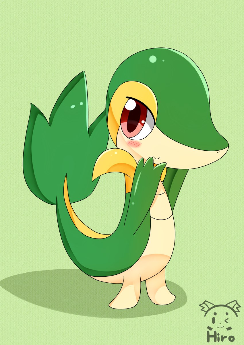 3_fingers ambiguous_gender blush feral fingers green_background green_body red_eyes simple_background solo nyanhiro nintendo pokemon generation_5_pokemon pokemon_(species) reptile scalie snivy absurd_res hi_res