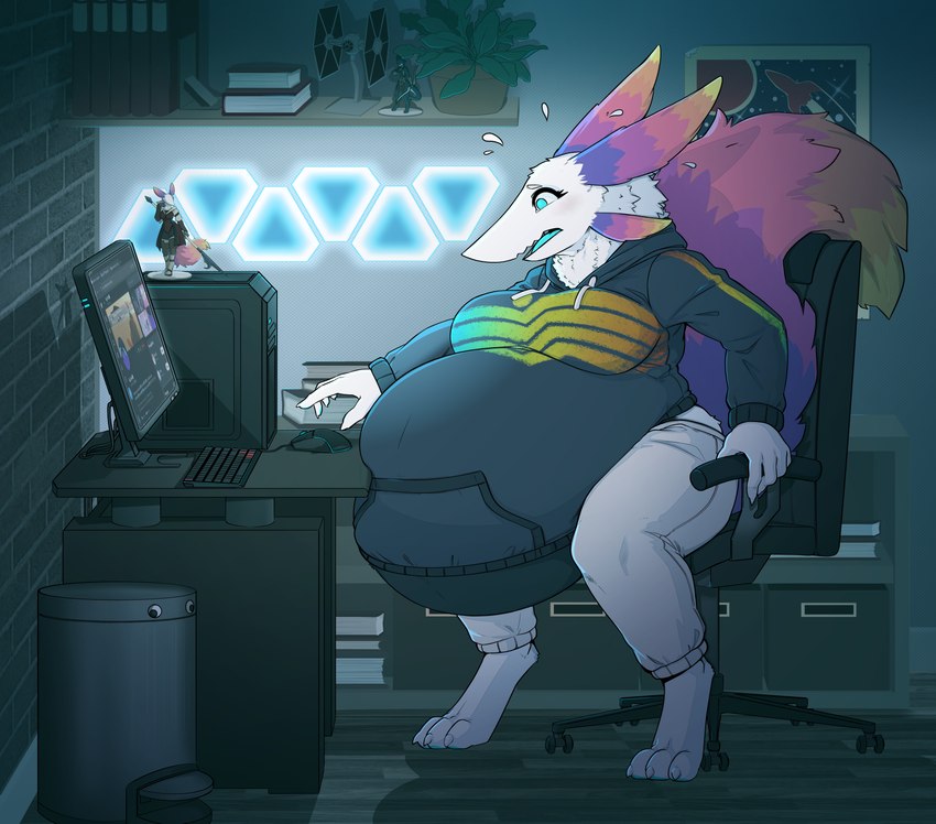 anthro belly big_belly blue_eyes bottomwear chair clothing computer desk electronics female fur furniture hoodie multicolored_body multicolored_fur office_chair open_mouth pants pregnant sitting solo sweatpants table topwear white_body white_fur papa_soul dae_(daebelly) absurd_res hi_res