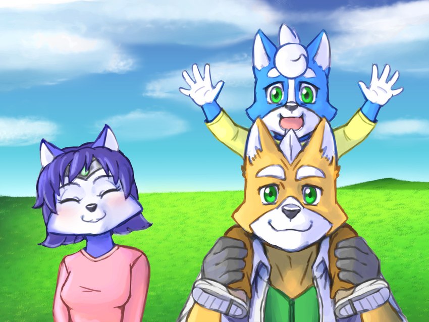 anthro black_nose blue_body blue_fur blue_hair blue_sky blush carrying_another carrying_over_shoulder carrying_partner clothing cloud eyes_closed family family_photo family_portrait female field flight_jacket fur gesture grass grass_field grass_plain grassland green_eyes group hair happy holding_leg jewelry male multicolored_body multicolored_fur pink_clothing pink_sweater pink_topwear plant shirt sitting_on_shoulders sky skyscape sweater tongue tongue_out topwear two_tone_body two_tone_face two_tone_fur vest waving waving_arms waving_at_viewer waving_hand white_body white_fur white_hair yellow_clothing yellow_shirt yellow_topwear young young_anthro kokoro-tokoro nintendo star_fox fox_mccloud krystal_(star_fox) marcus_mccloud canid canine fox mammal 4:3 father_(lore) father_and_child_(lore) father_and_son_(lore) mother_(lore) mother_and_child_(lore) mother_and_son_(lore) parent_(lore) parent_and_child_(lore) parent_and_son_(lore) son_(lore)