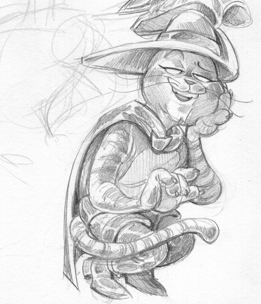 anthro belt bent_legs boots cape claws clothing crouching eyebrows footwear half-closed_eyes hand_on_cheek hand_on_face hat head_on_hand headgear headwear male narrowed_eyes raised_eyebrow shoes simple_background smile solo tail tail_around_leg teeth whiskers white_background illusioncanthurtme dreamworks puss_in_boots_(franchise) puss_in_boots_(dreamworks) domestic_cat felid feline felis mammal tabby_cat absurd_res greyscale hi_res monochrome sketch traditional_media_(artwork)