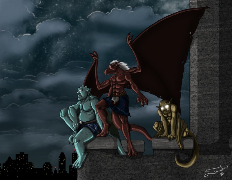 brown_body brown_skin glowing glowing_eyes group hair horn male membrane_(anatomy) membranous_wings muscular night sporran white_hair wings jandan disney gargoyles broadway_(gargoyles) brooklyn_(gargoyles) lexington_(gargoyles) gargoyle humanoid