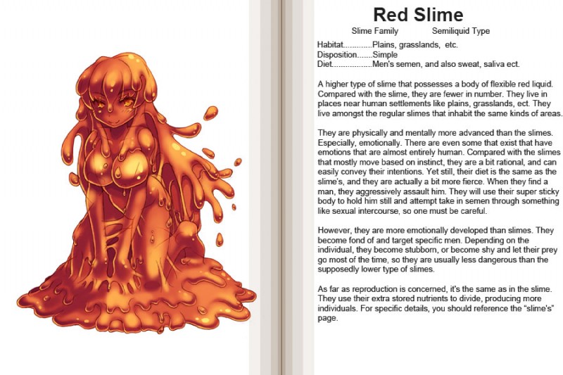 breasts featureless_breasts female monster_girl_(genre) not_furry red_slime slime solo text translucent translucent_body kenkou_cross third-party_edit monster_girl_profile goo_creature humanoid 3:2 english_text hard_translated translated translation_edit