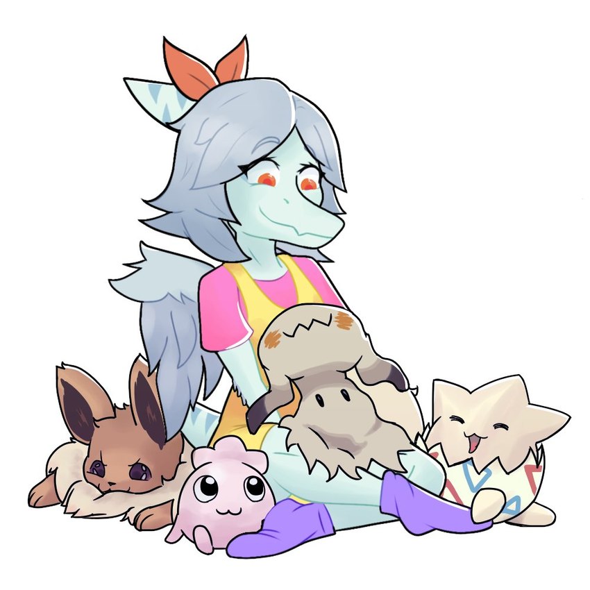 ambiguous_gender anthro clothed clothing feathered_wings feathers female feral group simple_background sitting wings minabaudelair cavemanon_studios nintendo pokemon snoot_game amber_(snoot_game) canid eevee generation_1_pokemon generation_2_pokemon generation_7_pokemon igglybuff mammal mimikyu pokemon_(species) prehistoric_species pterodactylus pterosaur reptile scalie togepi 1:1 colored crossover