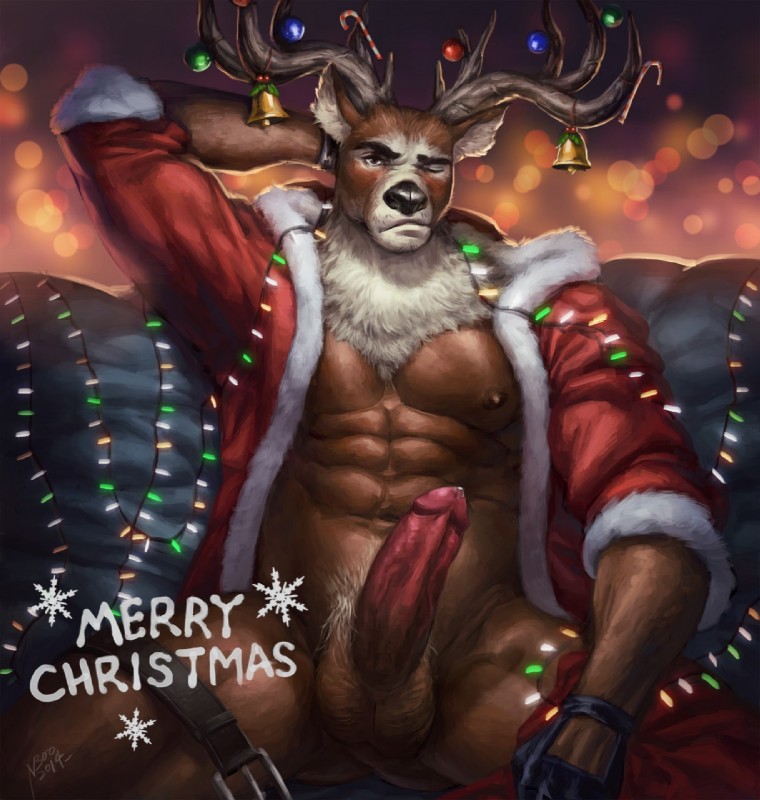 abs anthro antlers athletic balls bell belt big_muscles big_penis biped black_nose bodily_fluids bottomless brown_body brown_eyes brown_fur clothed clothing coat erection fur genital_fluids genitals gloves hand_behind_head handwear holidays horn humanoid_genitalia humanoid_penis leaking looking_at_viewer male muscular muscular_anthro muscular_male nipples one_eye_closed open_clothing open_shirt open_topwear pecs penis pose precum shirt sitting solo topwear vein veiny_penis white_body white_fur nick300 christmas deer mammal new_world_deer reindeer 2014 hi_res