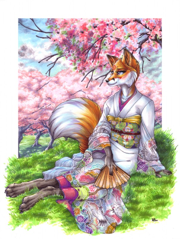 anthro asian asian_clothing biped blush cherry_blossom cherry_tree clothing detailed_background dipstick_tail east_asian_clothing facial_markings female flower folding_fan fruit_tree grass hand_fan haneri head_markings holding_object japanese_clothing kimono markings nature obi obijime outside plant prunus_(flower) sitting sky smile solo tail tail_markings tree cockiestspaniel canid canine fox mammal 2011 hi_res