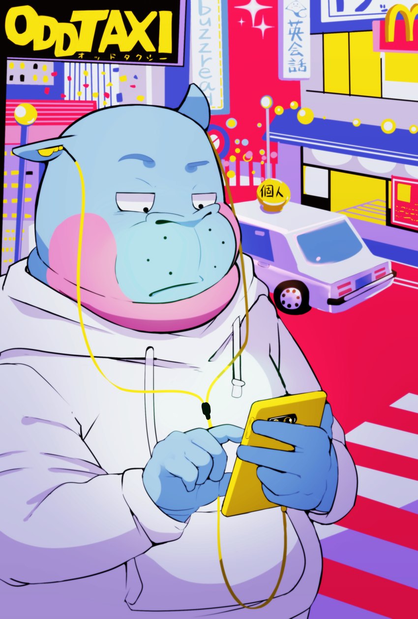 anthro blue_body car cellphone clothing detailed_background electronics hoodie humanoid_hands kemono male motor_vehicle outside overweight overweight_anthro overweight_male phone smartphone solo text toony_car topwear vehicle manekanaineko mno2 odd_taxi taichi_kabasawa_(odd_taxi) common_hippopotamus hippopotamid mammal 2021 absurd_res english_text hi_res japanese_text