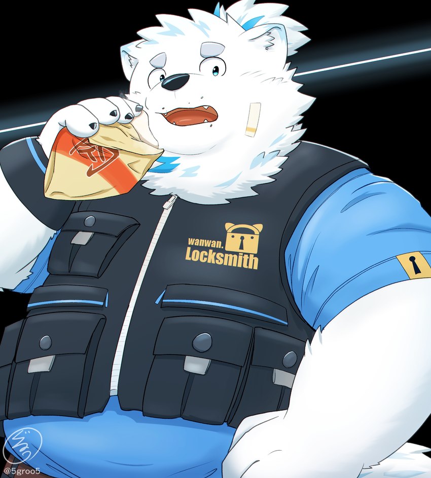 anthro bandage bandage_on_face blue_eyes clothing eating eyebrows fur locksmith male meat_bun shirt solo t-shirt thick_eyebrows topknot topwear vest white_body white_fur wristband zipper 5groo5 lifewonders live_a_hero yohack canid canine canis domestic_dog mammal nordic_sled_dog samoyed spitz hi_res