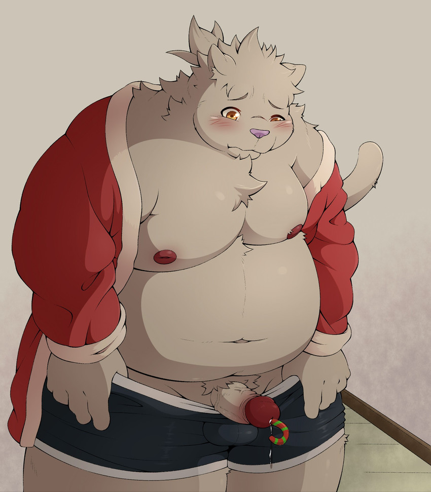 anthro belly blush candy_cane_in_urethra clothing food food_fetish food_insertion food_play holidays improvised_sex_toy kemono male moobs navel nipples overweight overweight_anthro overweight_male solo underwear urethral pomupomu490 christmas felid feline mammal 2020 hi_res