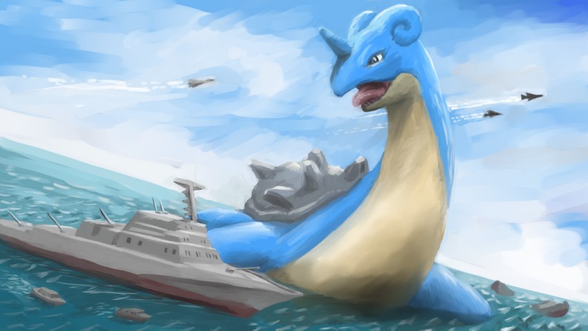 aircraft airplane ambiguous_gender battleship blue_body blue_skin boat cloud countershading detailed_background feral group jet looking_down macro military open_mouth sea shell ship tan_body tan_skin vehicle warship water watercraft tyranteon nintendo pokemon generation_1_pokemon human lapras mammal pokemon_(species) 2020