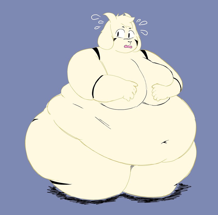 ambiguous_gender anthro belly big_belly big_breasts big_butt black_eyes blue_background bodily_fluids breasts butt covering covering_breasts ear_tuft flying_sweatdrops fur fur_markings hair horn huge_belly huge_breasts huge_butt huge_thighs hyper hyper_belly hyper_butt hyper_thighs kneeling markings morbidly_obese morbidly_obese_ambiguous morbidly_obese_anthro navel nude obese obese_ambiguous obese_anthro open_mouth outline overweight overweight_ambiguous overweight_anthro simple_background solo sweat sweatdrop thick_thighs tuft white_body white_fur white_hair white_horn yellow_outline kevhypep undertale undertale_(series) asriel_dreemurr_(god_form) bovid caprine goat mammal 2025 digital_drawing_(artwork) digital_media_(artwork) hi_res male_(lore)