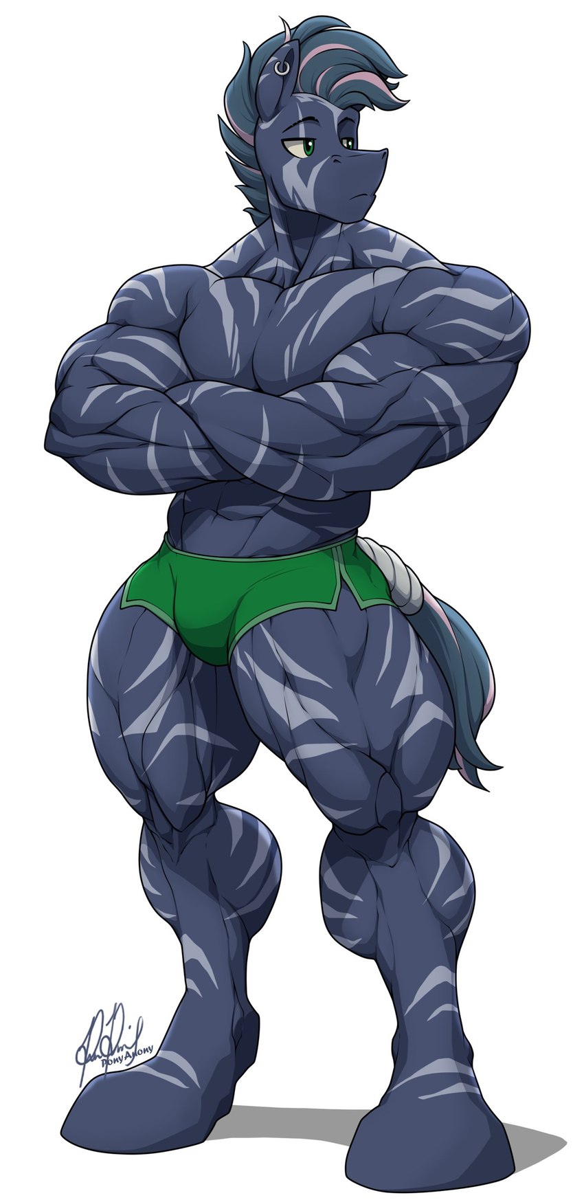 abs anthro biceps big_muscles bottomwear clothing ear_piercing flexing huge_muscles looking_aside looking_away male muscular muscular_anthro muscular_male muscular_thighs piercing shorts solo standing thick_thighs ponyanony rizzy_stripe equid equine horse mammal zebra absurd_res digital_media_(artwork) digital_painting_(artwork) hi_res