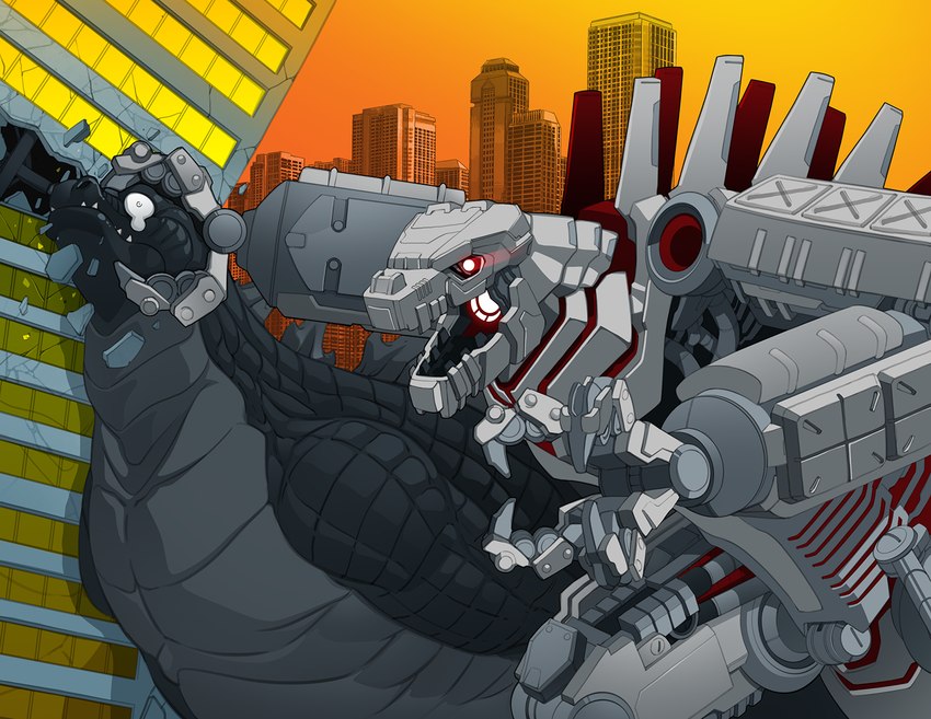 black_body black_scales bodily_fluids city claws destruction duo fight glowing glowing_eyes machine male nude scales spikes tears teeth bleedman godzilla_(series) monsterverse toho godzilla mechagodzilla kaiju monster reptile robot scalie digital_media_(artwork) hi_res