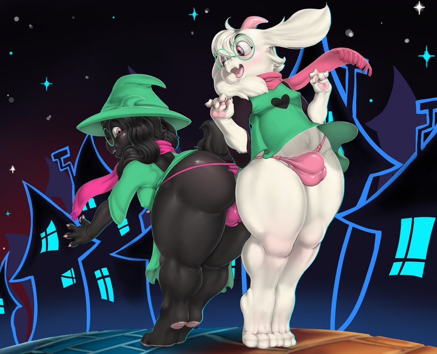 anthro balls_outline big_butt black_body black_fur bulge butt clothing detailed_bulge duo eyewear femboy fur genital_outline glasses hat headgear headwear male nipples panties thick_thighs thong underwear wearing_glasses white_body white_fur hamili deltarune undertale_(series) ralsei boss_monster_(undertale) hi_res