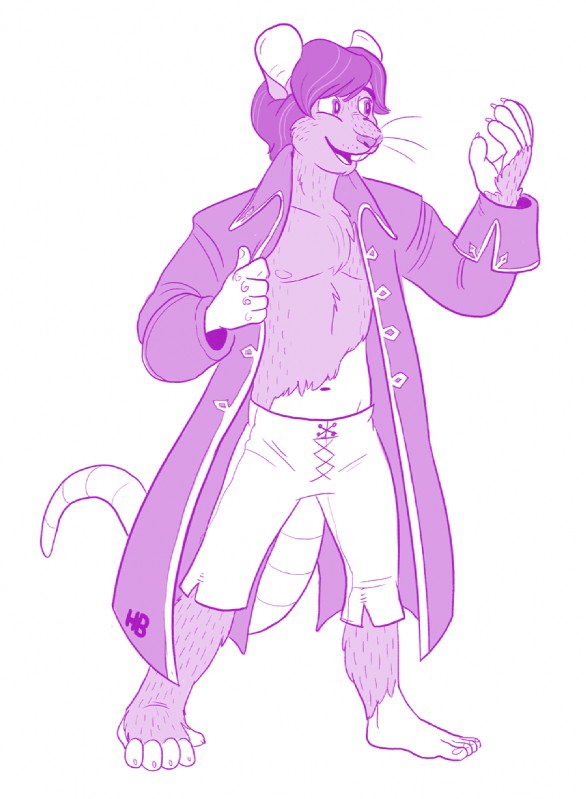 anthro bottomwear clothing coat male pants pirate simple_background solo topwear transformation hornbuckle pyroassassin human mammal murid murine rat rodent hi_res monochrome purple_and_white