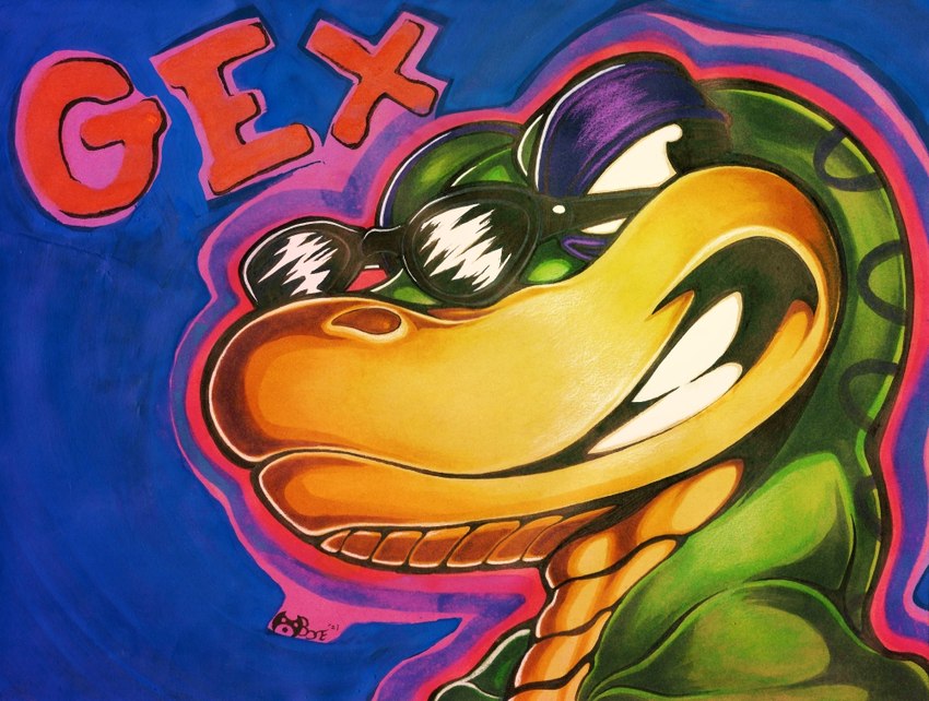 anthro eyewear leering looking_back male smile smirk solo sunglasses boneitis gex_(series) gex_the_gecko gecko lizard reptile scalie 2021 colored_pencil_(artwork) gouache_(artwork) marker_(artwork) painting_(artwork) signature traditional_media_(artwork) traditional_painting_(artwork)