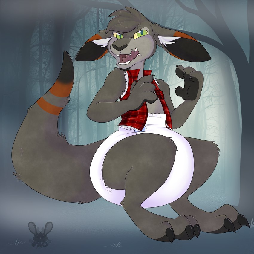 anthro big_diaper clean_diaper clothed clothing diaper fur grey_body grey_fur jacket male pivoted_ears red_clothing red_jacket red_topwear solo topwear wearing_diaper heyitsjaq forza_(progasus) kangaroo macropod mammal marsupial 1:1 hi_res