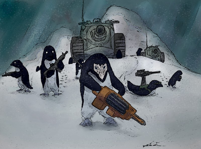 anthro arctic armor chainsaw eyewear gatling_gun glowing glowing_eyes goggles group gun looking_at_viewer machine machine_gun male minigun mountain nude power_tool ranged_weapon rifle snow snowing tank tools tracked_vehicle turret vehicle warpaint weapon white_eyes holt5 avian bird penguin