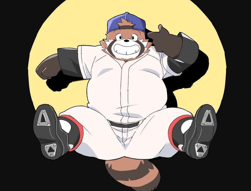 anthro baseball_uniform belly bottomwear clothing hat headgear headwear kemono male overweight overweight_male pants shirt simple_background smile solo sportswear topwear uniform inunoshippo ailurid mammal red_panda 2024