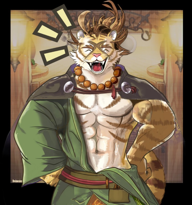 anthro beads brown_hair clothed clothing eyes_closed fangs fur hair japanese laugh looking_at_viewer male muscular muscular_anthro muscular_male open_mouth pink_nose prayer_beads solo tan_body tan_fur teeth tongue yellow_body yellow_fur evelmanian wander_crown hoemaru_(wander_crown) felid mammal pantherine tiger alpha_channel hi_res