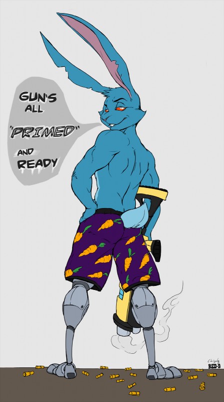 anthro athletic athletic_anthro athletic_male blue_body blue_fur boxers_(clothing) buckteeth carrot clothed clothing food fur gun looking_at_viewer looking_back male plant pose prosthetic prosthetic_leg prosthetic_limb ranged_weapon red_eyes solo spent_casing teeth topless underwear vegetable weapon red-9 guardians_of_the_galaxy marvel blackjack_o'hare lagomorph leporid mammal rabbit hi_res pinup