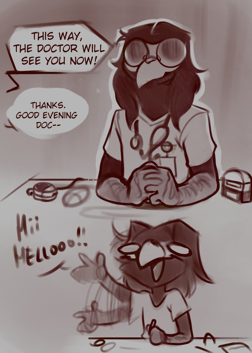 anthro dialogue eyewear glasses humor male medical_instrument open_mouth open_smile scientific_instrument scrubs smile solo speech_bubble stethoscope text tinted_glasses wave diadorin pisces_(diadorin) avian bird 2024 absurd_res english_text greyscale hi_res monochrome