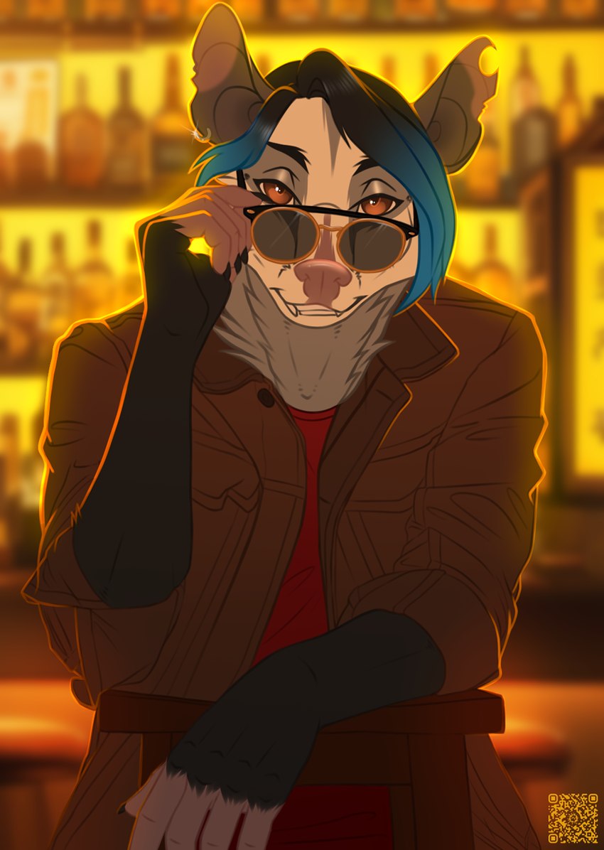 alcohol anthro bar beverage blue_hair clothing eyewear fur grey_body grey_fur hair jacket looking_at_viewer male smile smiling_at_viewer smirk smirking_at_viewer solo sunglasses topwear fleki kalus hi_res