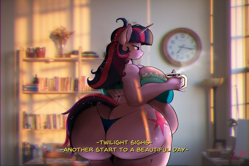 anthro anthrofied big_breasts big_butt breasts butt cleavage clothed clothing female horn huge_butt obese obese_female overweight overweight_female purple_body solo text thong underwear thelunarmoon friendship_is_magic hasbro my_little_pony mythology twilight_sparkle_(mlp) equid equine mammal mythological_creature mythological_equine unicorn 3:2 english_text