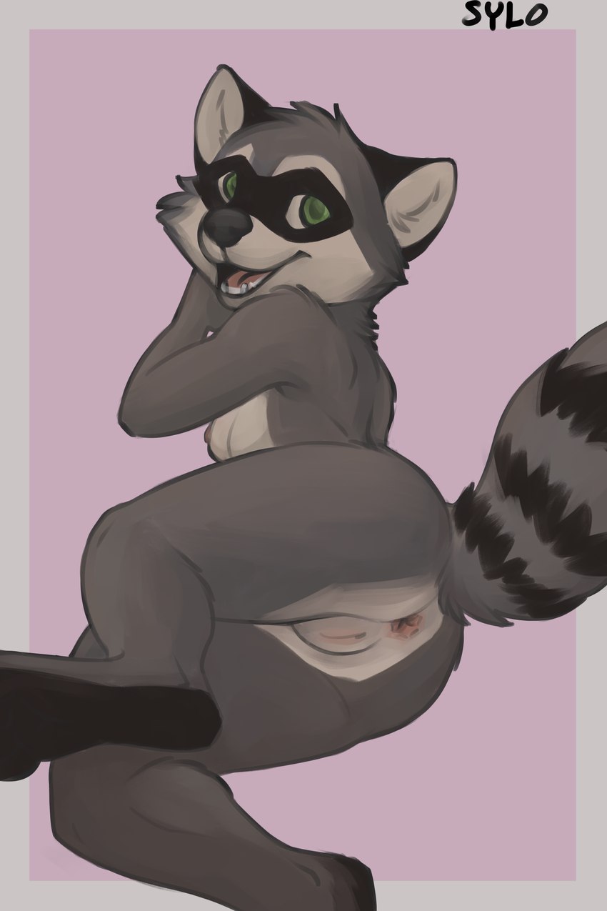 anthro anus breasts butt feet female fur genitals green_eyes looking_at_viewer looking_back nipples nude open_mouth presenting presenting_hindquarters pussy rear_view simple_background smile solo tail sylo mammal procyonid raccoon 2024 2:3 digital_media_(artwork) hi_res