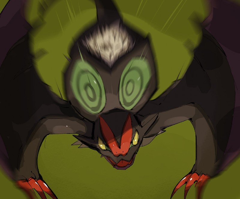 ambiguous_gender angry green_background kemono looking_at_viewer simple_background solo yellow_eyes sushi1515 nintendo pokemon bat generation_6_pokemon mammal noivern pokemon_(species) 2018