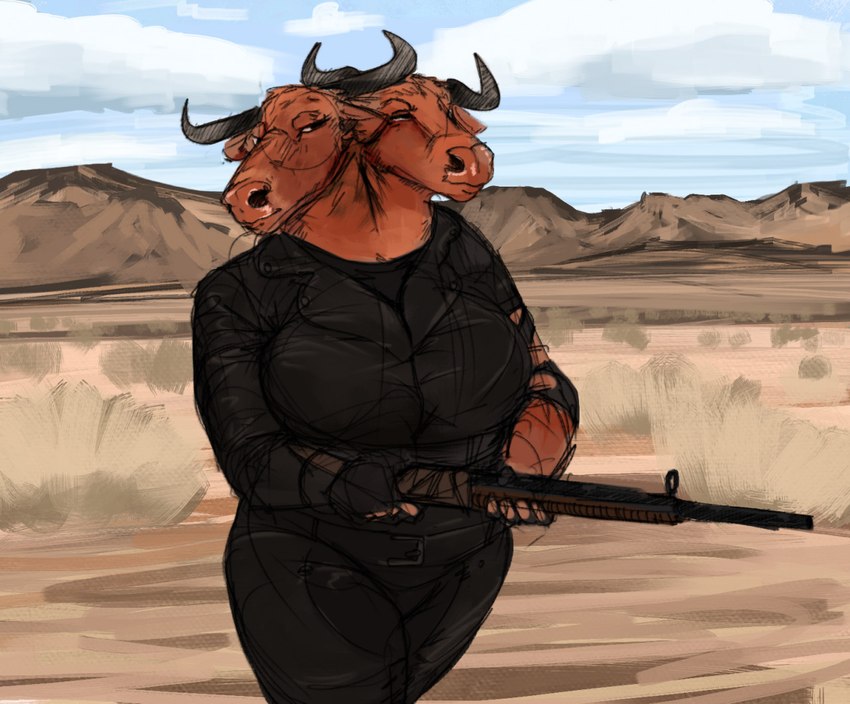 2_heads anthro belt big_breasts breasts clothed clothing female fully_clothed gun horn mature_female multi_head ranged_weapon solo weapon doctordj fallout microsoft bovid bovine brahmin_(fallout) mammal